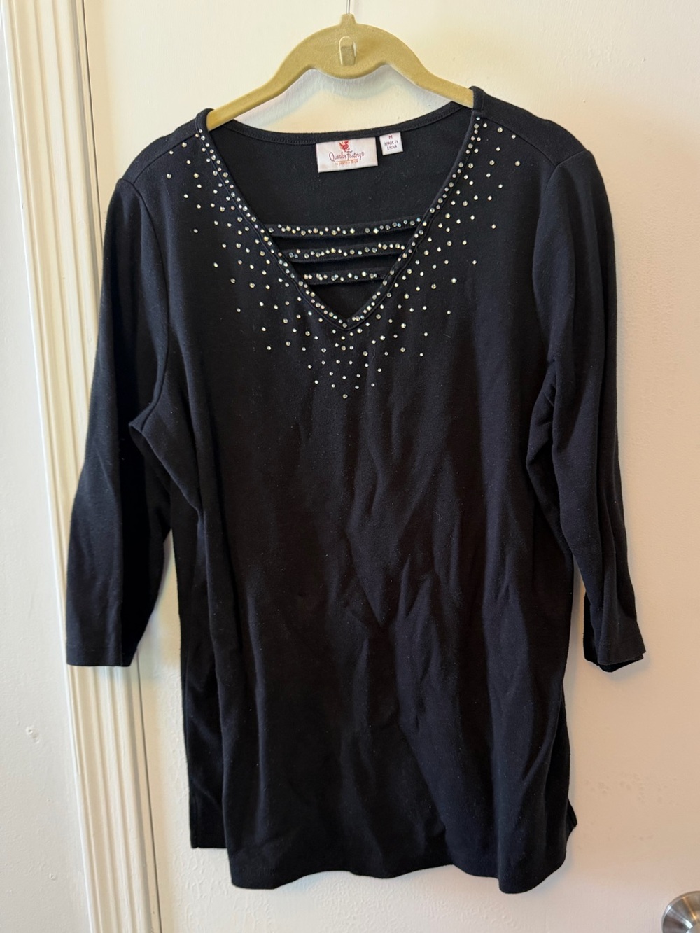 Quacker Factory Black Long Sleeve V-Neck Top with Rhinestone Trim